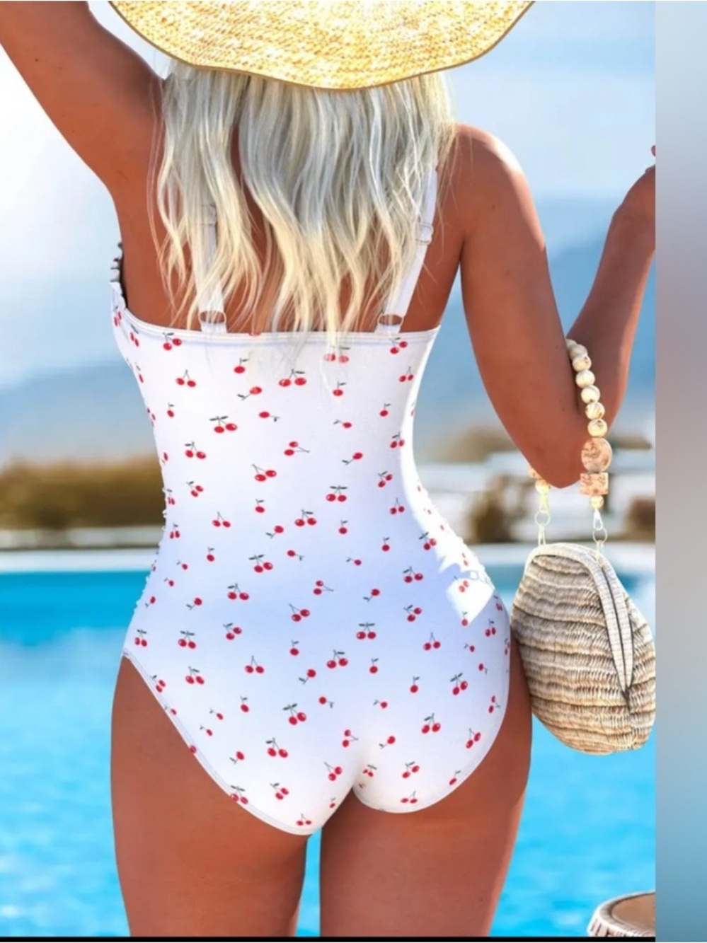White Cherry Print Ruffled One-Piece Swimsuit - Picture 2 of 6